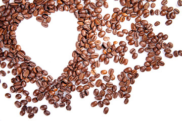 Heart make whit coffee beans on white background.