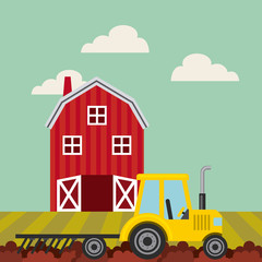 Naklejka premium red barn and yellow tractor over farm landscape. colorful design. vector illustration 