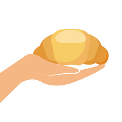 hand holding a croissant icon over white background. breakfast food design. vector illustration