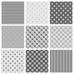 Seamless black, white and grey vector pattern set with polka dots, stripes and cross background