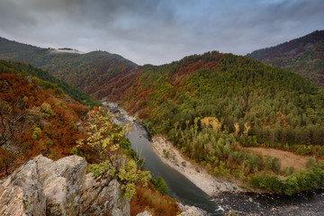 Foggy autumn morning along the Arda River, Rhodope Mountains, Bulgaria