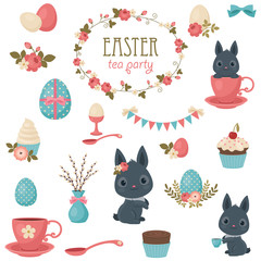 Easter tea party icons set