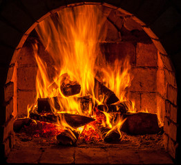 A fire burns in a fireplace