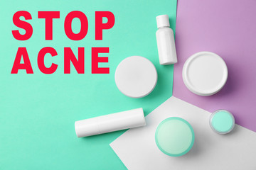 Products for facial treatment and text STOP ACNE on colorful background