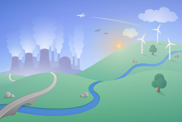 Obraz premium Landscape with Energy Production Theme - a simple and modern vector landscape with a power station and wind farm.