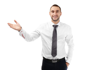 Young business coach explaining seminar on white background