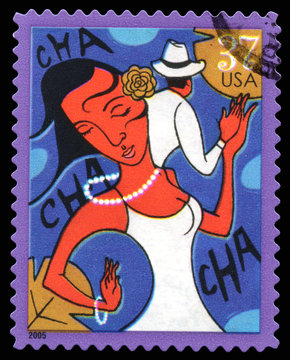 Vintage 2005 United States of America cancelled postage stamp showing an abstract image of a couple dancing the Cha Cha