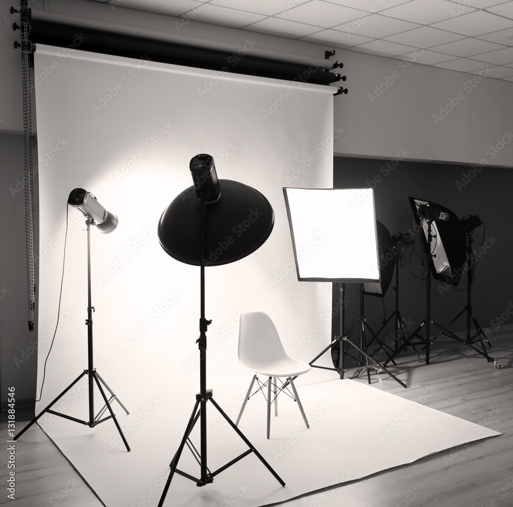 Sticker professional photo studio with lighting equipment