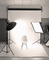 Fototapeta na wymiar Professional photo studio with lighting equipment