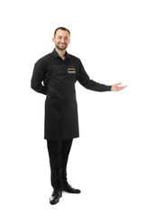 Handsome waiter on white background