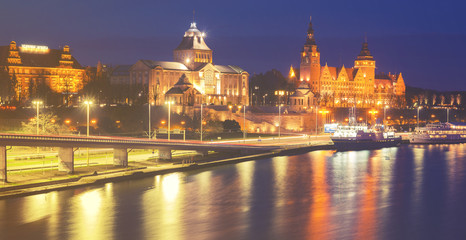 Fototapeta premium Night panorama of Old Town in Szczecin (Stettin) City