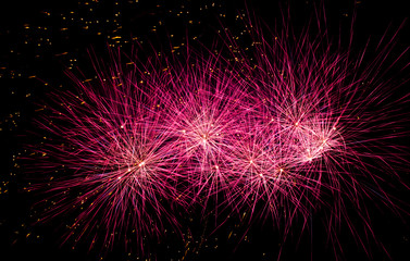 Fototapeta premium Pink fireworks on black background at international competition