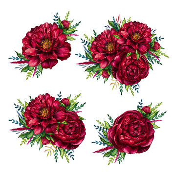 Set of watercolor red peonies bouquets, flower peony, watercolor flower, watercolor peony isolated on white background, set of flower, design for mother's day, women's day, wedding, card, holiday