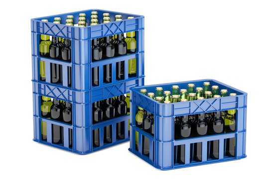 Plastic crates with beer bottles, 3D rendering