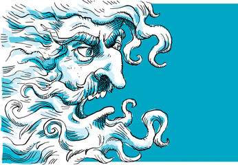 An angry, cartoon deity with a swirling beard and grumpy face.