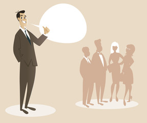 Business man dressed in 50's or 60's clothes proud of his team. Cartoon style. Vector Illustration