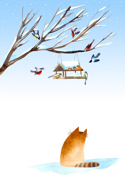 Postcard of a titmouse, bullfinch, cat and feeder on the tree.Greeting card of a animals.Winter image.Watercolor hand drawn illustration.
