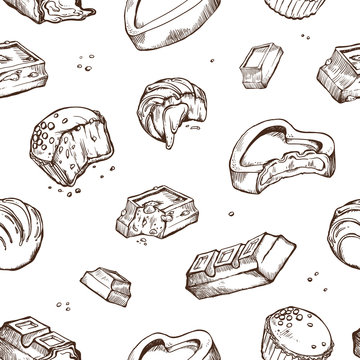 Vector seamless pattern of sketches bitten chocolates. Sweet rolls, bars, glazed, cocoa beans. Isolated objects on a white background