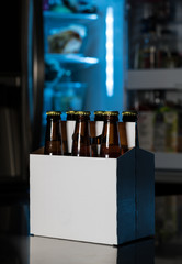 Six pack of brown beer bottles on kitchen counter
