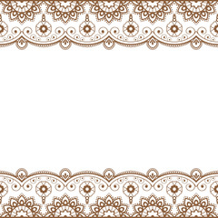 Indian, Mehndi Henna brown line lace element with flowers pattern card for tattoo on white background
