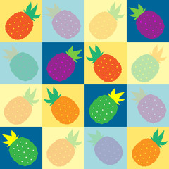 Tropical pinapples in multiple vibrant colors angled playfully on blue and yellow squares pattern, seamless background