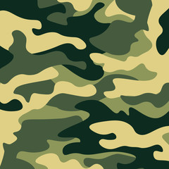 Camouflage pattern background. Classic clothing style masking camo repeat print. Green brown black olive colors forest texture. Design element. Vector illustration.