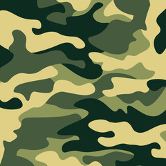 Camouflage pattern background. Classic clothing style masking camo repeat print. Green brown black olive colors forest texture. Design element. Vector illustration.