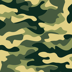 Camouflage pattern background. Classic clothing style masking camo repeat print. Green brown black olive colors forest texture. Design element. Vector illustration.