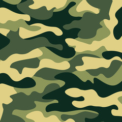 Camouflage pattern background. Classic clothing style masking camo repeat print. Green brown black olive colors forest texture. Design element. Vector illustration.