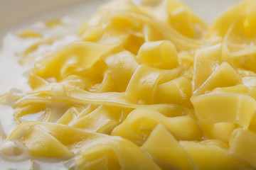 Close up of noodles (tagliatelle) with milk and sugar