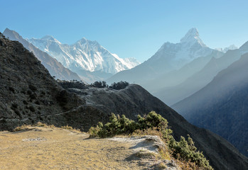 Morning view of the Ama Dablam and Mt.Everest on background - Ne
