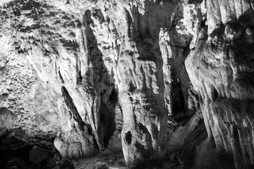 Scene from the amazing bulgarian cave Saeva Dupka. Black and white photography