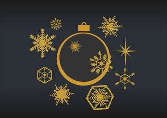 Golden christmas balls with snowflakes on a black background. St