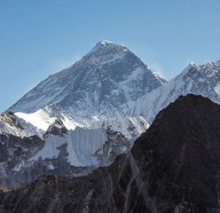 Mounts Everest (8848 m) and Lhotse (8516 m) from the Ngozumba Tsho (the fifth Gokyo lake) - Nepal,...