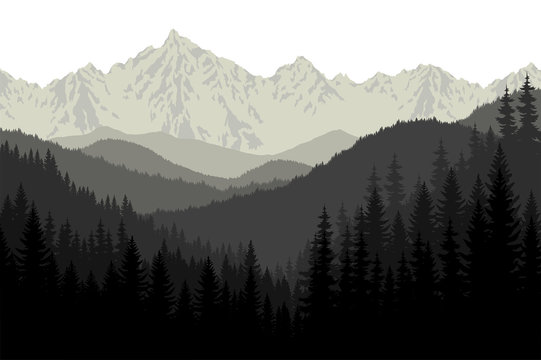 Grey mountains forest retro vintage vector background illustration.