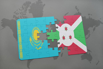 puzzle with the national flag of kazakhstan and burundi on a world map