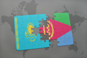 puzzle with the national flag of kazakhstan and eritrea on a world map