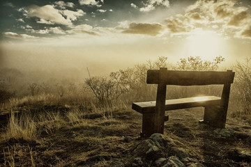 Lonely bench in a foggy forest at sunset (HDR) - obrazy, fototapety, plakaty