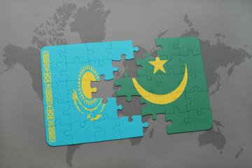 puzzle with the national flag of kazakhstan and mauritania on a world map