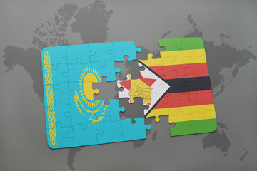 puzzle with the national flag of kazakhstan and zimbabwe on a world map