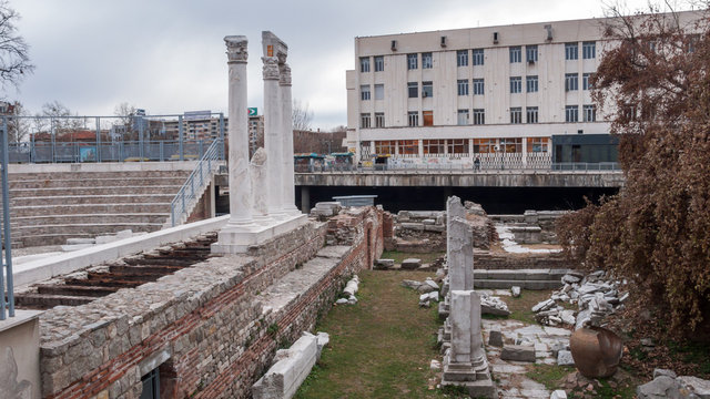PLOVDIV, BULGARIA - DECEMBER 30 2016:  Ruins of Roman Odeon in city of Plovdiv, Bulgaria