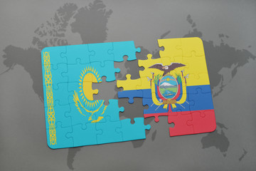 puzzle with the national flag of kazakhstan and ecuador on a world map