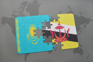 puzzle with the national flag of kazakhstan and brunei on a world map
