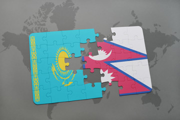 puzzle with the national flag of kazakhstan and nepal on a world map