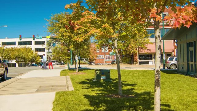 People Strolling Along College Street in Downtown Asheville NC in the Fall with a Blue Sky and Autumn Colored Trees Lining the Street