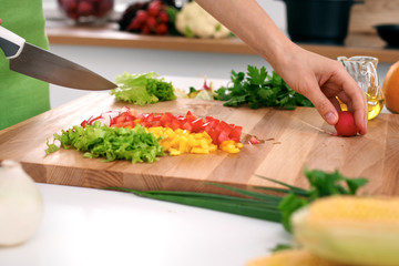 Close up of  woman's hands cooking in the kitchen. Housewife slicing ​​fresh salad. Vegetarian and healthily cooking concept