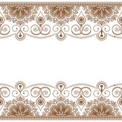 Indian mehndi brown border element with flowers pattern card for tattoo on white background.