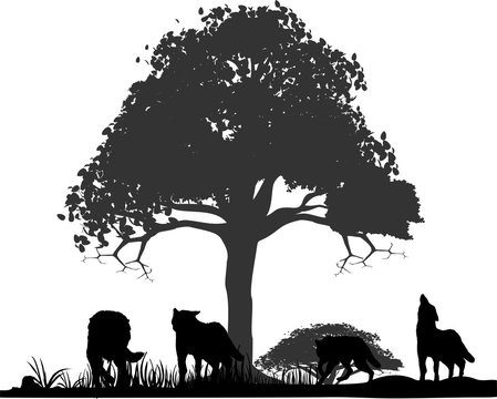 Wolves silhouettes under tree isolated vector illustration