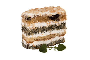 Cake with poppy seeds and almonds on white background