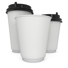 Disposable coffee cups. Blank paper mug. 3d render isolated on white background